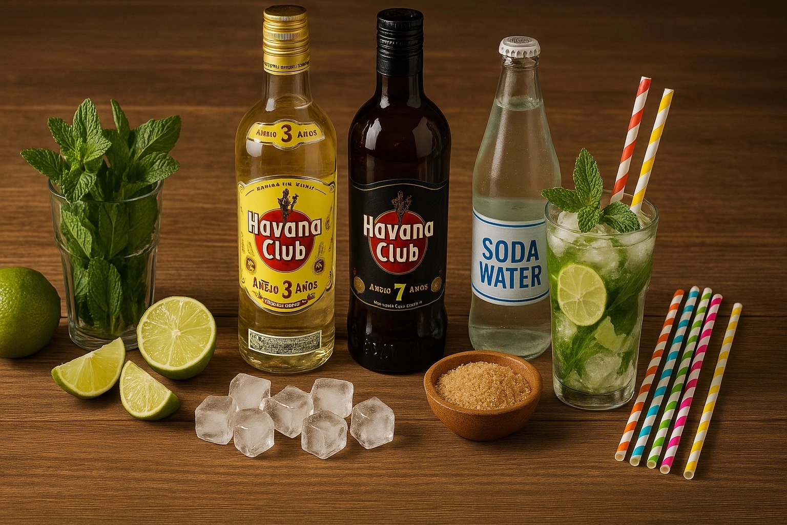 Overzicht van mojito-ingrediënten met munt, limoen, ijs en glazen op een baropstelling