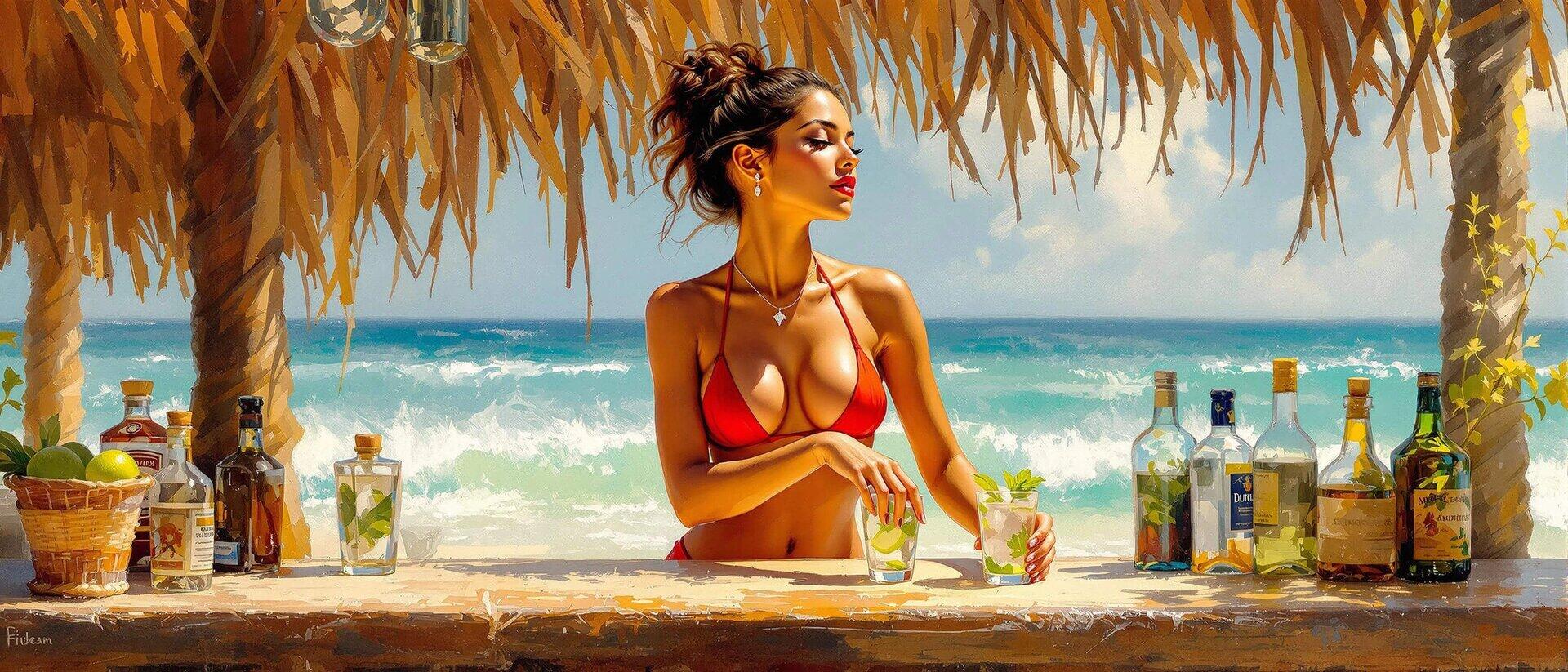 Tropische cocktailbar met uitzicht op zee